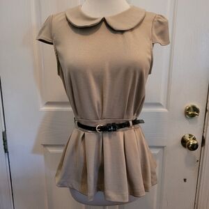 Peplum Taupe Brown Top Large Belt Waist Fit N Flare Contemporary Preppy Modern
